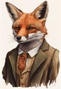 Well dressed red fox vintage style watercolour