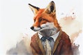 Well dressed red fox vintage style watercolour