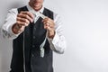 Well dressed tailor in white shirt and black suit vest. Royalty Free Stock Photo