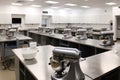 well-equipped baking classroom, with mixers, ovens, and measuring spoons at the ready