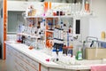 Well equipped chemical laboratory with glassware, pipettes, flasks and bottles. The workplace for research work