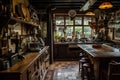 A well-equipped kitchen with plenty of counter top space to accommodate various cooking and food preparation activities, An old- Royalty Free Stock Photo