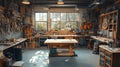 A well-equipped workshop with a workbench in the center, tools hanging on the walls, and natural light streaming through windows Royalty Free Stock Photo