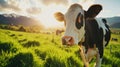 A well-groomed cow on green meadow on a sunny day. Organic dairy products concept. Agricultural landscape. Generative AI Royalty Free Stock Photo