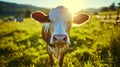 A well-groomed cow on green meadow on a sunny day. Organic dairy products concept. Agricultural landscape. Generative AI Royalty Free Stock Photo