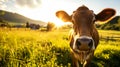 A well-groomed cow on green meadow on a sunny day. Organic dairy products concept. Agricultural landscape. Generative AI Royalty Free Stock Photo