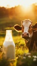 A well-groomed cow on green meadow on a sunny day. Organic dairy products concept. Agricultural landscape. Generative AI Royalty Free Stock Photo