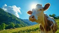 A well-groomed cow on green meadow on a sunny day. Organic dairy products concept. Agricultural landscape. Generative AI Royalty Free Stock Photo