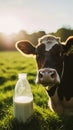 A well-groomed cow on green meadow on a sunny day. Organic dairy products concept. Agricultural landscape. Generative AI Royalty Free Stock Photo