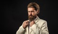Well groomed hipster public figure man white suit, high society concept