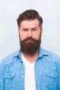 Well groomed macho. Hipster with beard and mustache wear denim shirt. Brutal handsome hipster man on grey wall