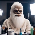A well-groomed Yeti in a dressing gown with a makeup mirror