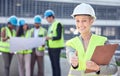 Well have this project completed in no time. Cropped portrait of an attractive female construction worker giving thumbs Royalty Free Stock Photo