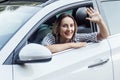 Well hi! Happiness business woman in a car, looking at camera an Royalty Free Stock Photo