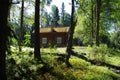 Hidden log cabin in a forest