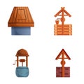 Well icons set cartoon vector. Wooden and stone well with roof and bucket Royalty Free Stock Photo