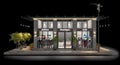 Well-illuminated modern boutique on a piece of ground at night