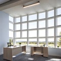 A well illuminated office room with wooden desks