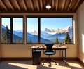 A well illuminated room or office with a working desk with great views to the mountain
