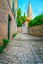 Wonderful medieval town street with old church, Rovinj, Istria, Croatia Royalty Free Stock Photo