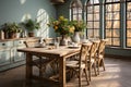 A well-lit, classic kitchen adorned with big dining table near a window Royalty Free Stock Photo