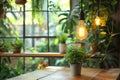 Illuminated Interior with Hanging Plants and Bulbs AI Generated