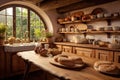 A well-lit kitchen featuring a large window and a table adorned with freshly-baked bread, Cozy country kitchen with fresh bread Royalty Free Stock Photo