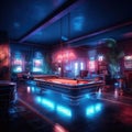 A well-lit and modern billiards room with several tables and neon signs Royalty Free Stock Photo