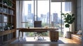 a well-lit modern home office, featuring a sleek wooden desk adorned with a notebook, laptop, and decorative vase, with Royalty Free Stock Photo