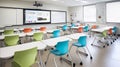Modern classroom with white tables, colorful chairs, interactive screen, and projector. Royalty Free Stock Photo
