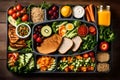 A well-lit photograph capturing a neatly arranged lunch box filled with an assortment of healthy and wholesome foods. The table Royalty Free Stock Photo