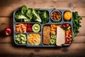 A well-lit photograph capturing a neatly arranged lunch box filled with an assortment of healthy and wholesome foods. The table Royalty Free Stock Photo