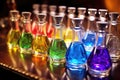a well-lit shot of transparent flasks filled with colored perfume samples