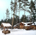 Well and a log house in a pine forest near the village of Arkhangelsk (Russia, Ulyanovsk region) on a winter day