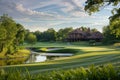 A well-maintained golf course featuring a house in the distance, providing a scenic backdrop for golfers, A 19th hole clubhouse