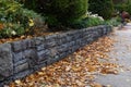 Well maintained rusticated stone retaining wall beside a sidewalk, yellow and brown autumn leaf litter