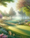 Well Manicured Golf Course Springtime Morning Golfing Sunrise Fairway AI Generated