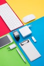 Well organised white office objects on colorful background Royalty Free Stock Photo