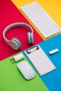 Well organised white office objects on colorful background Royalty Free Stock Photo
