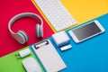 Well organised white office objects on colorful background