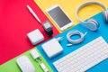 Well organised white office objects on colorful background