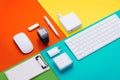 Well organised white office objects on colorful background Royalty Free Stock Photo