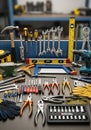 A well-organized arrangement of various tools on a workbench in a workshop setting. Royalty Free Stock Photo
