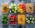 A well-organized array of meal prep containers filled with a variety of fresh, colorful fruits and vegetables. Generative AI Royalty Free Stock Photo