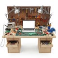 A well-organized electronics workbench with various tools and components Royalty Free Stock Photo