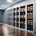 A well-organized filing room with rows of neatly labeled