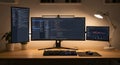 Modern Home Office Workspace with Multiple Monitors and Coding Software Royalty Free Stock Photo