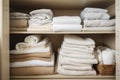 a well-organized linen closet, with neatly folded towels and sheets