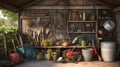 A well-organized tool shed with various gardening equipme two created with generative AI