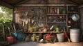 A well-organized tool shed with various gardening equipme two created with generative AI Royalty Free Stock Photo